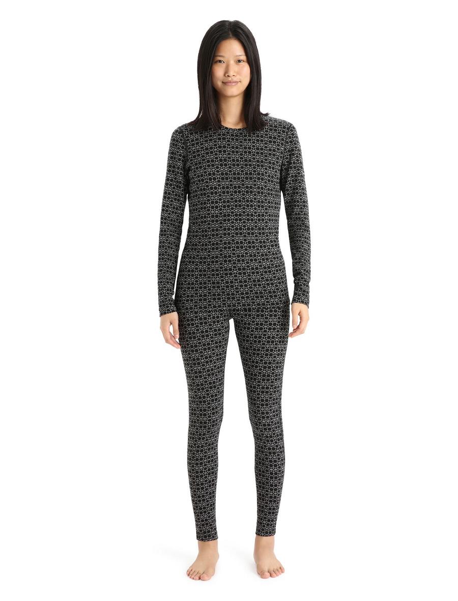 Black / Snow Women's Icebreaker Merino 250 Vertex Long Sleeve Crewe Alpine Geo Base Layers | USA 1832OKIR